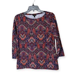 Talbots Cotton Blend Multicolor Paisley Print 3/4 Sleeve T Shirt Top Size Large